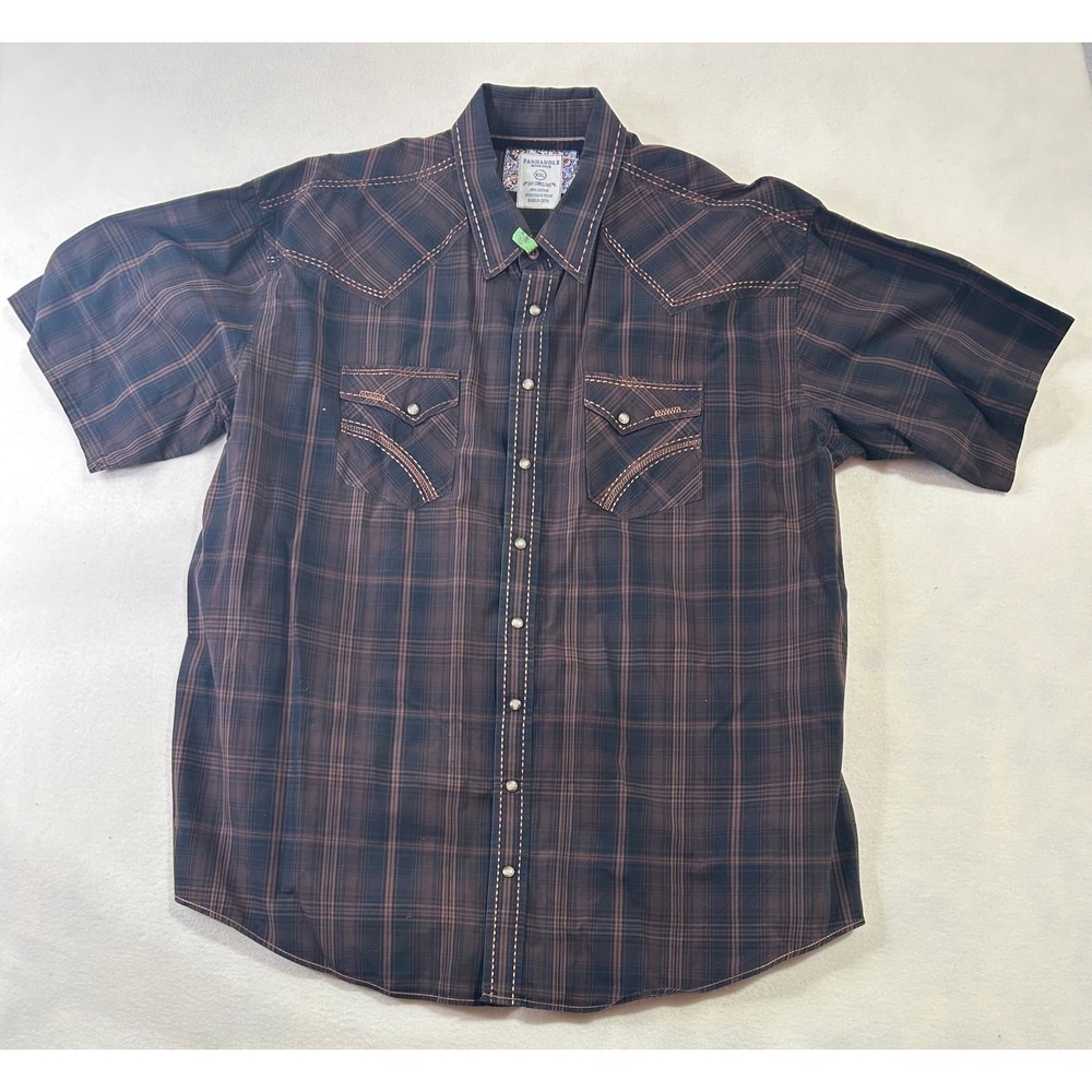 Panhandle Rough Stock Mens XXL Brown Plaid Pearl Snap Western Shirt Short Sleeve